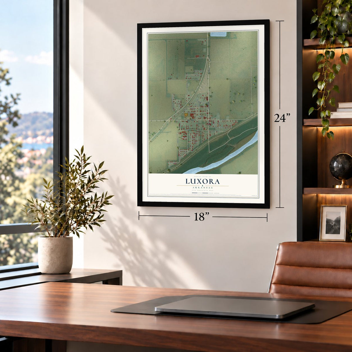 Luxora, Arkansas map, 18 x 24 inch print in a black frame in a home office