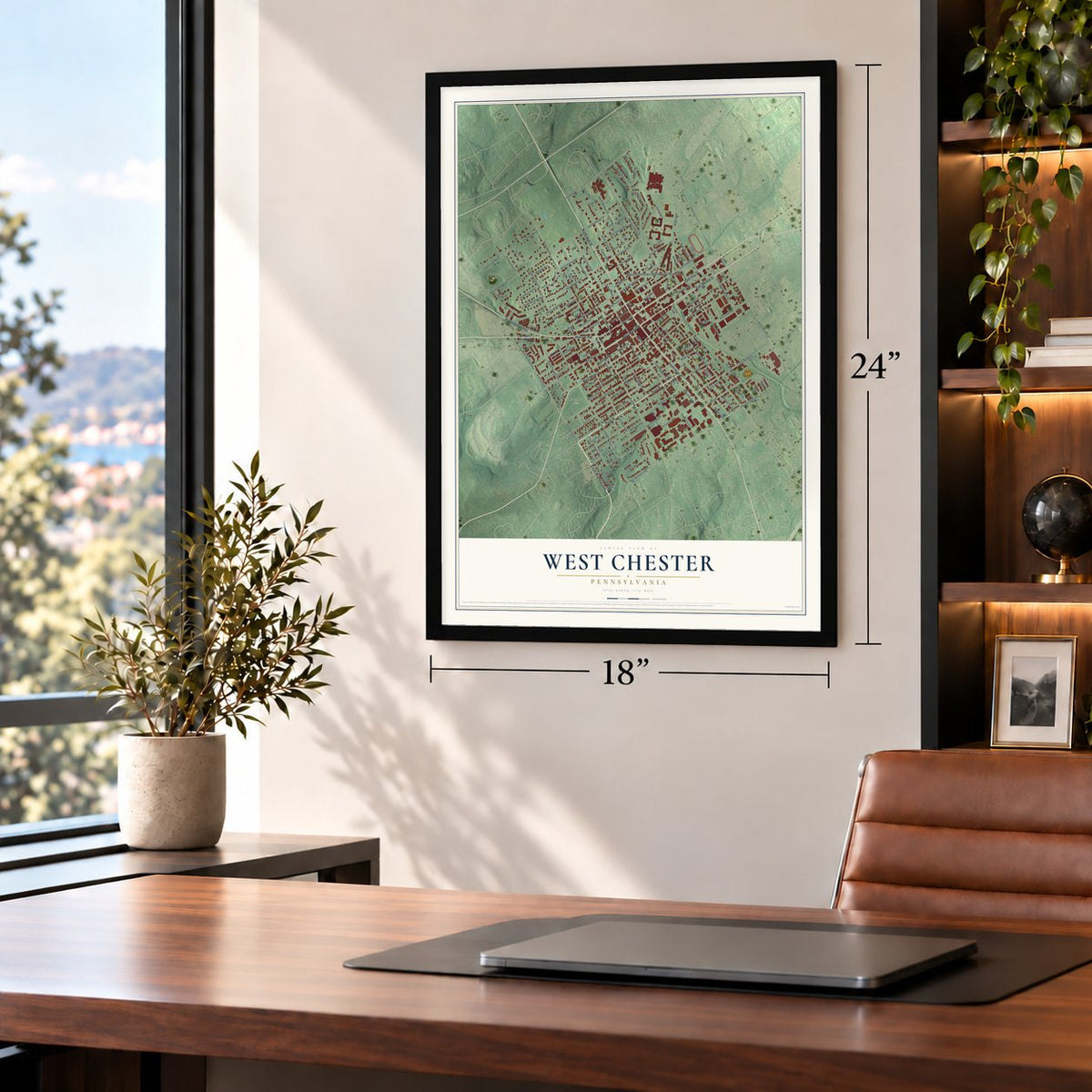 West Chester, Pennsylvania map, 18 x 24 inch print in a black frame in a home office