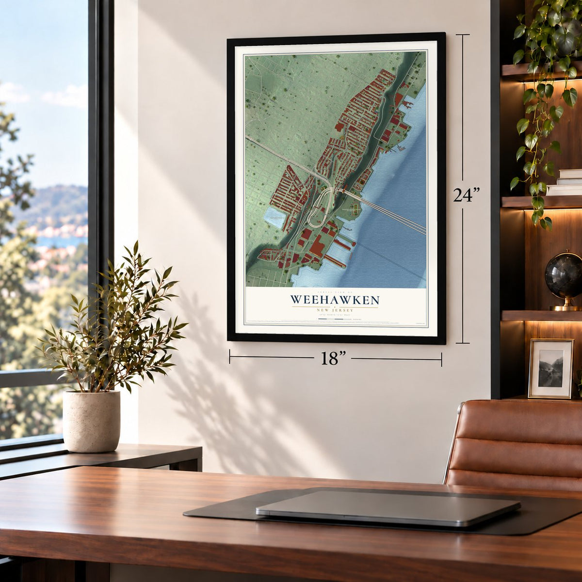 Weehawken, New Jersey map, 18 x 24 inch print in a black frame in a home office