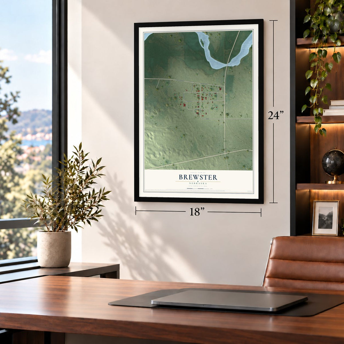 Brewster, Nebraska map, 18 x 24 inch print in a black frame in a home office