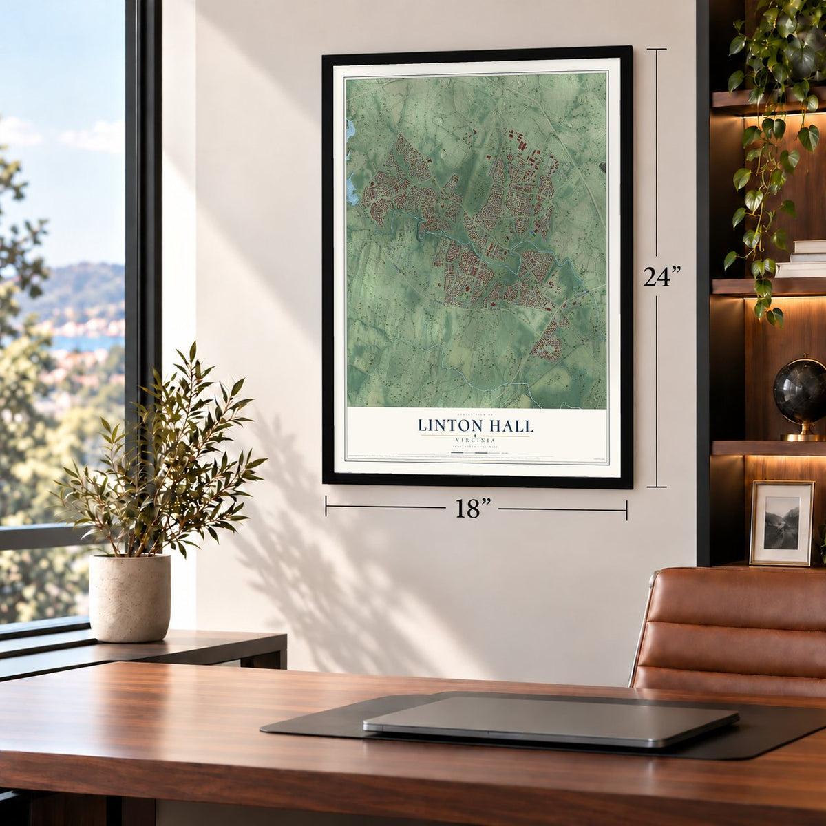 Linton Hall, Virginia map, 18 x 24 inch print in a black frame in a home office