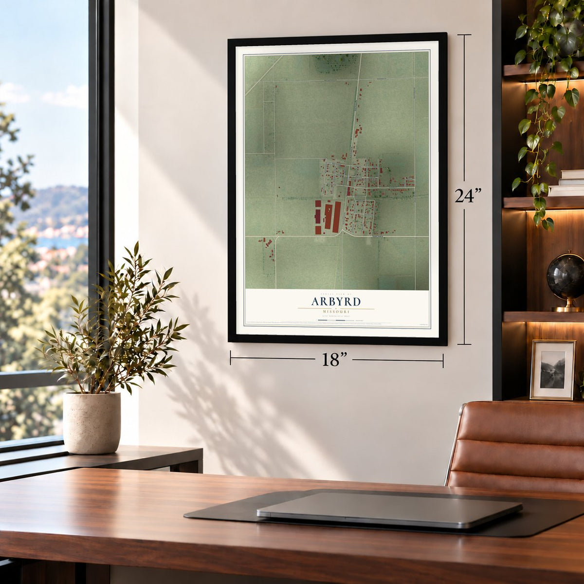 Arbyrd, Missouri map, 18 x 24 inch print in a black frame in a home office