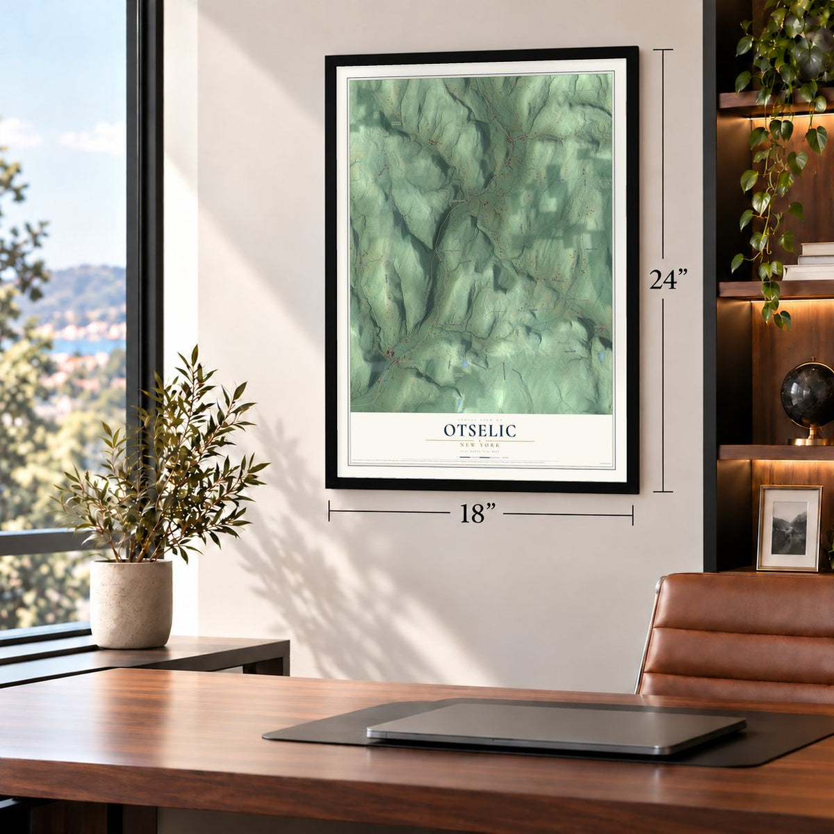 Otselic, New York map, 18 x 24 inch print in a black frame in a home office