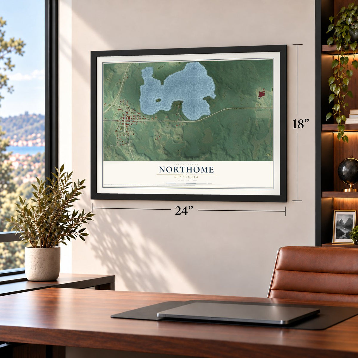 Northome, Minnesota map, 18 x 24 inch print in a black frame in a home office