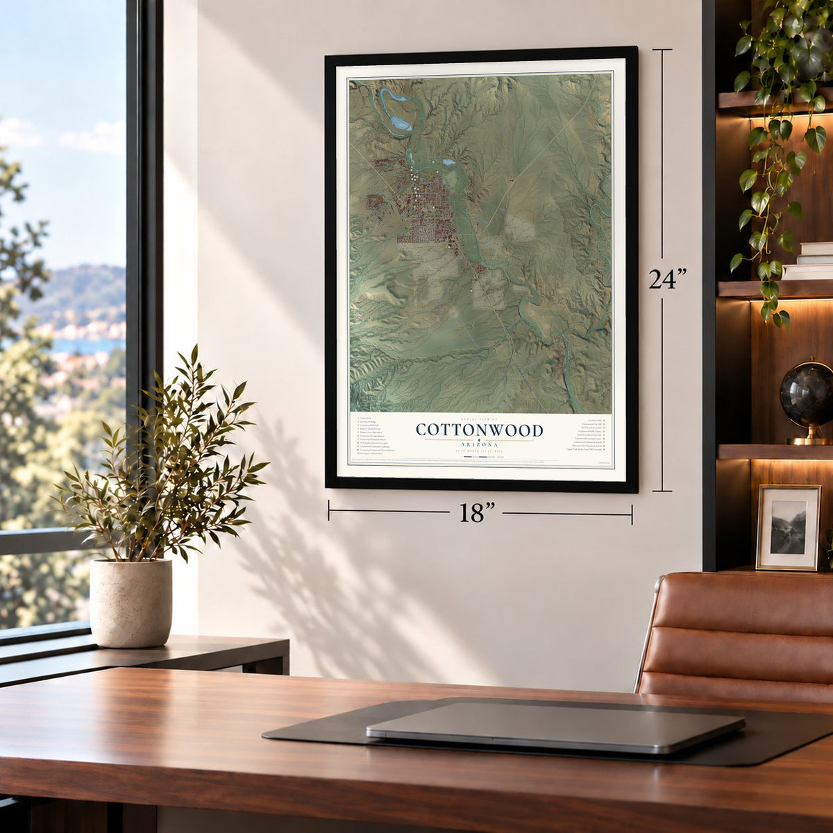 Cottonwood, Arizona map, 18 x 24 inch print in a black frame in a home office
