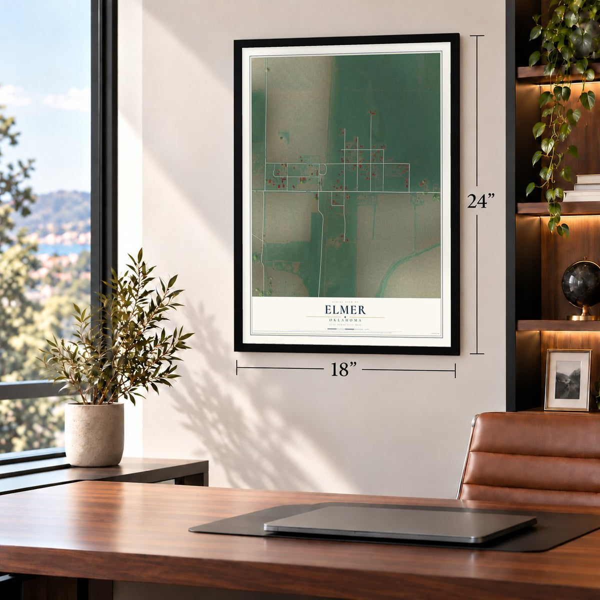 Elmer, Oklahoma map, 18 x 24 inch print in a black frame in a home office