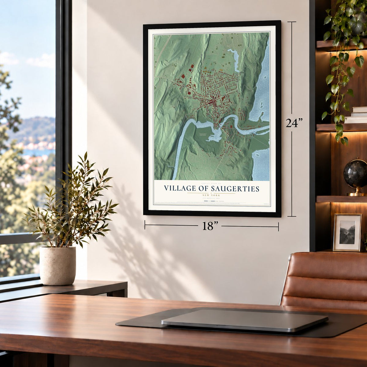 Village of Saugerties, New York map, 18 x 24 inch print in a black frame in a home office