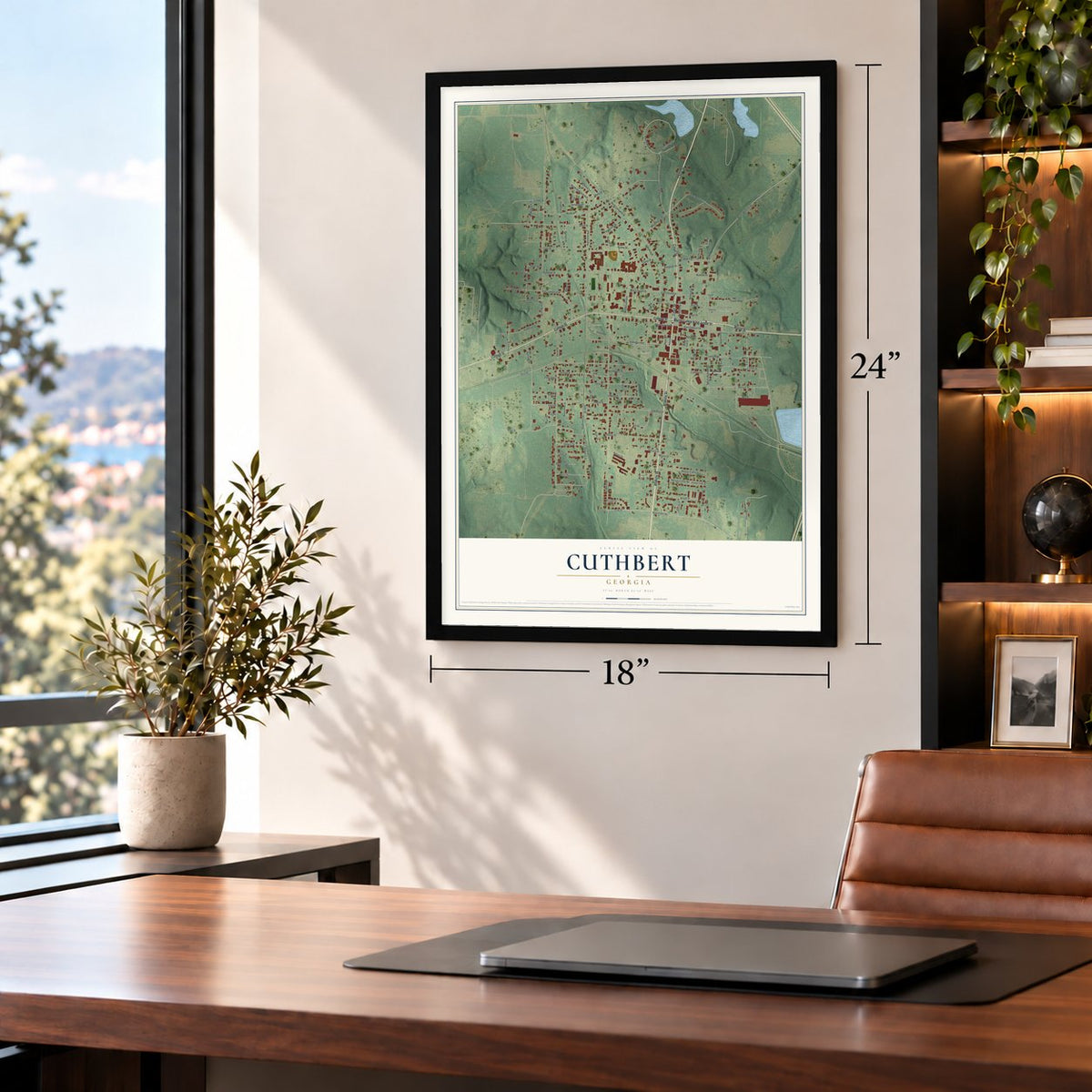 Cuthbert, Georgia map, 18 x 24 inch print in a black frame in a home office