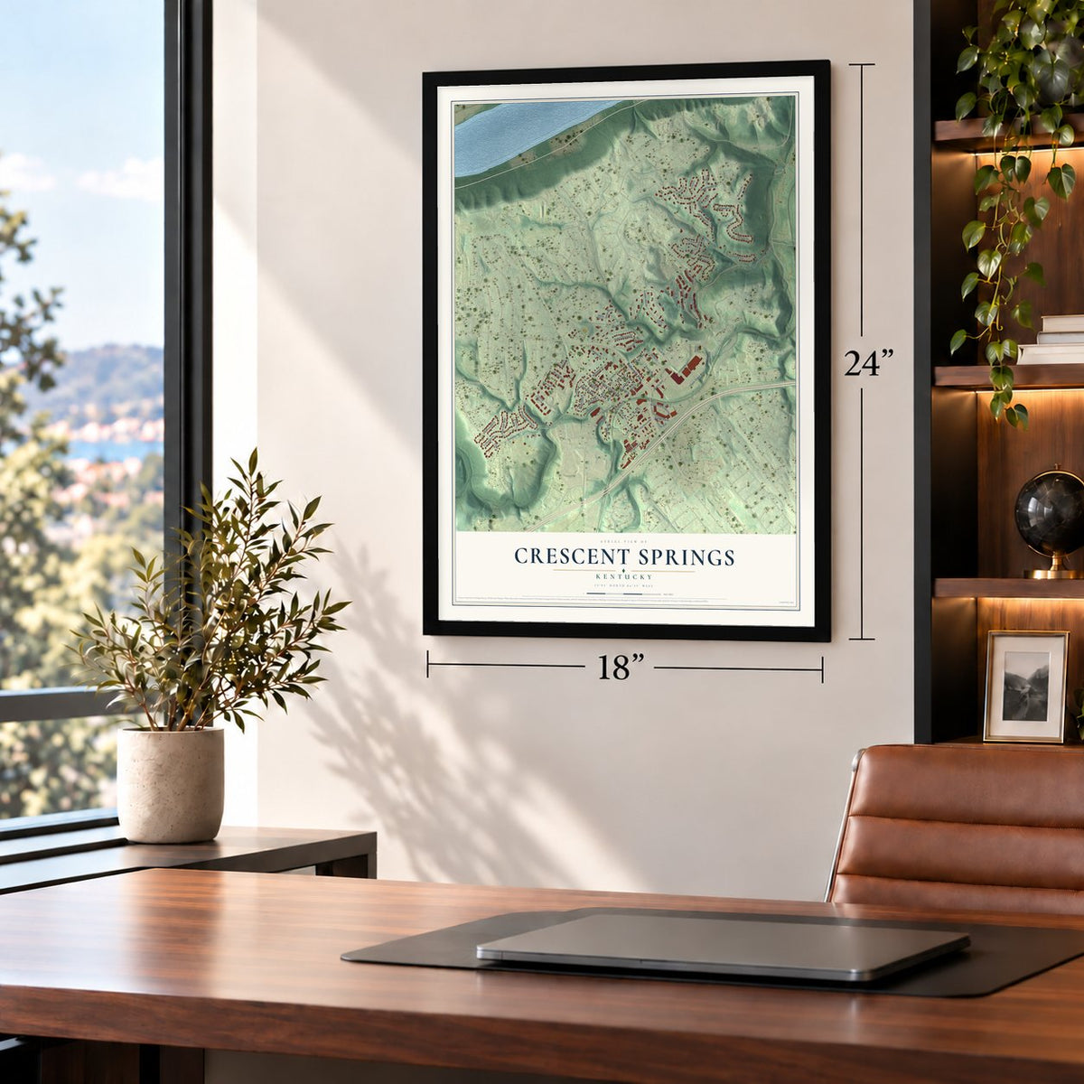 Crescent Springs, Kentucky map, 18 x 24 inch print in a black frame in a home office