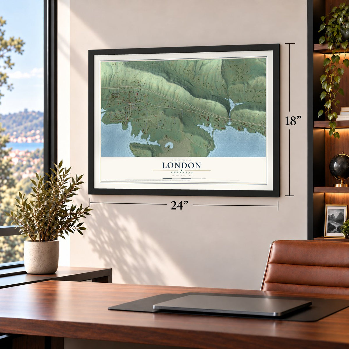London, Arkansas map, 18 x 24 inch print in a black frame in a home office