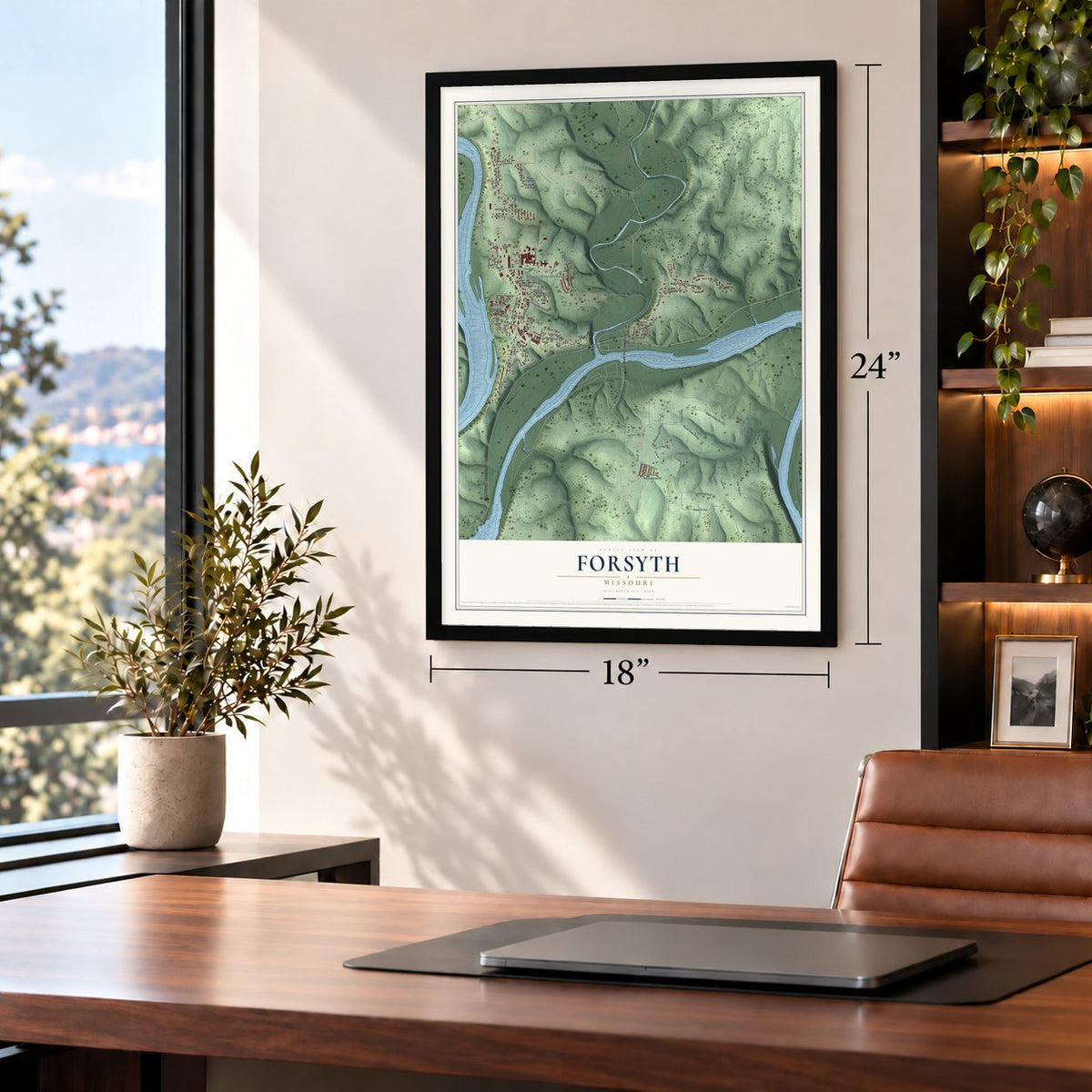 Forsyth, Missouri map, 18 x 24 inch print in a black frame in a home office
