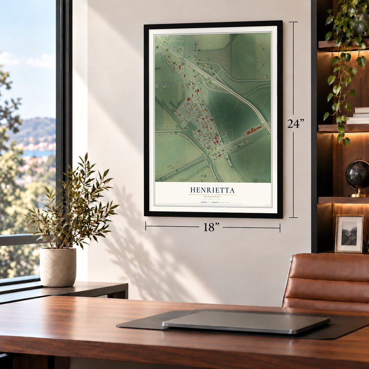 Henrietta, Missouri map, 18 x 24 inch print in a black frame in a home office