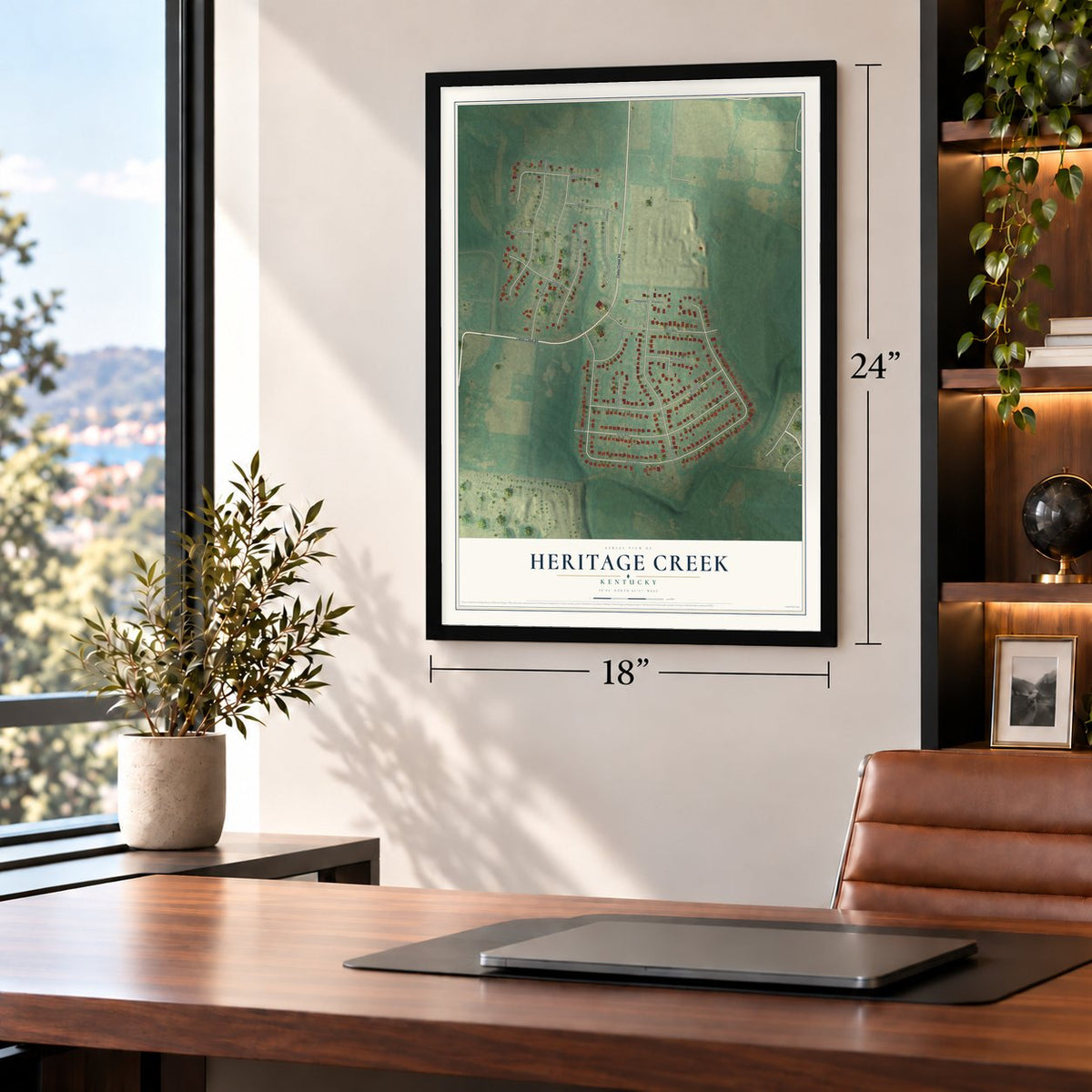 Heritage Creek, Kentucky map, 18 x 24 inch print in a black frame in a home office