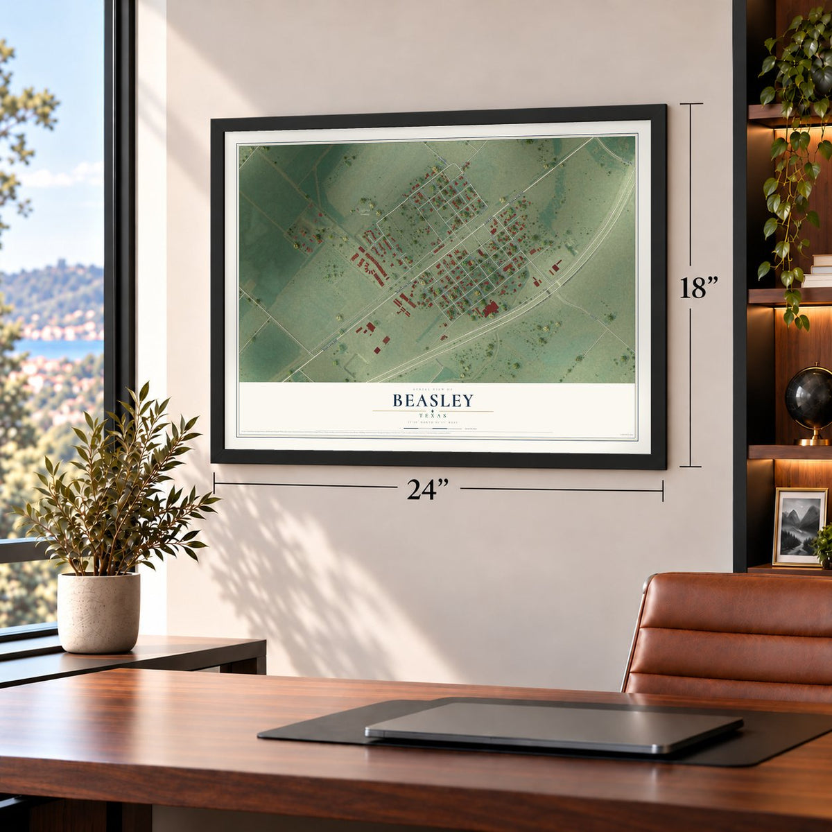 Beasley, Texas map, 18 x 24 inch print in a black frame in a home office