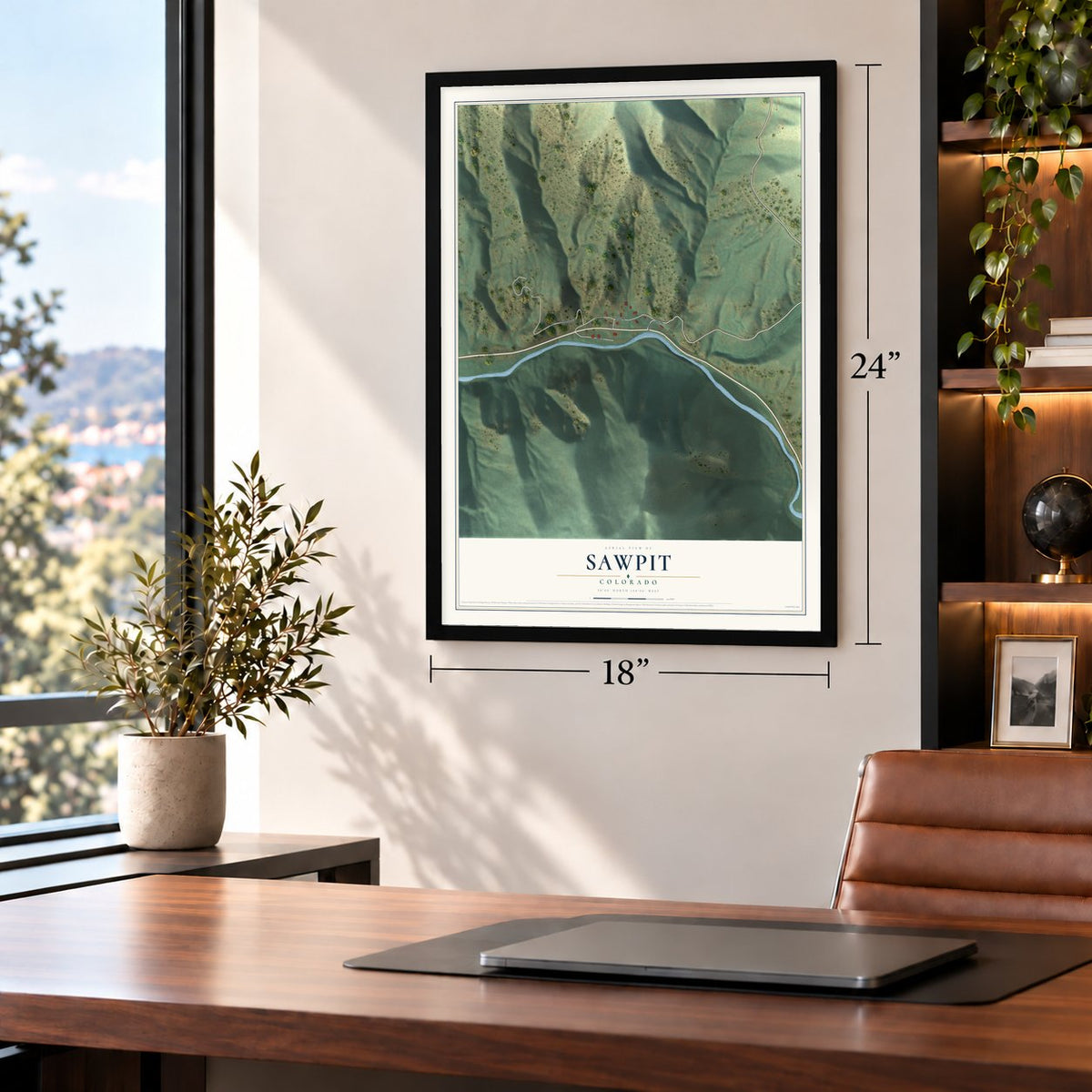Sawpit, Colorado map, 18 x 24 inch print in a black frame in a home office