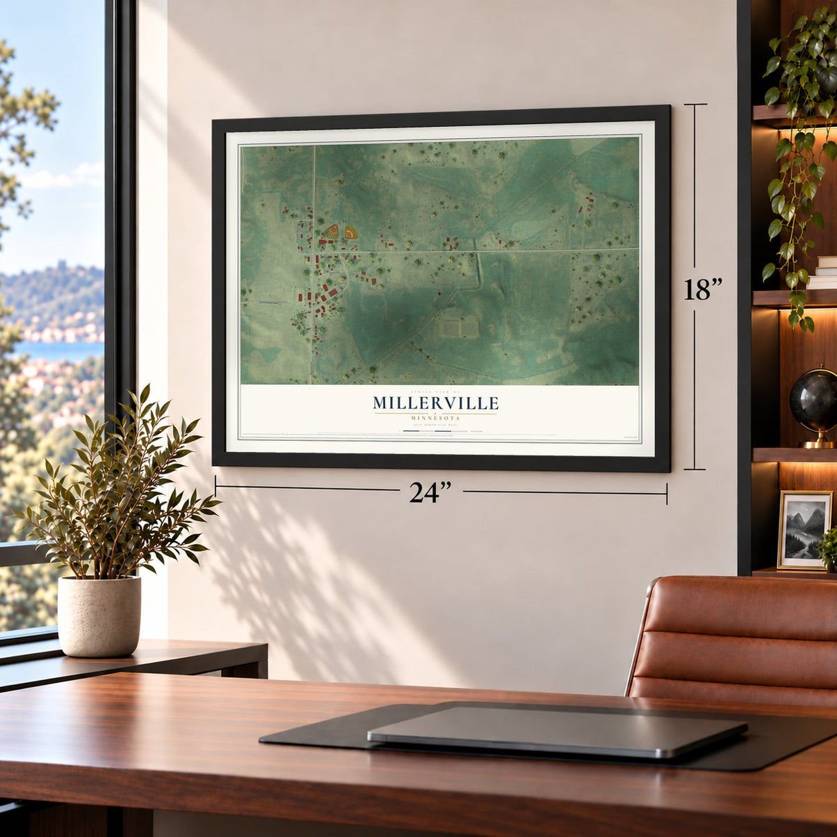 Millerville, Minnesota map, 18 x 24 inch print in a black frame in a home office
