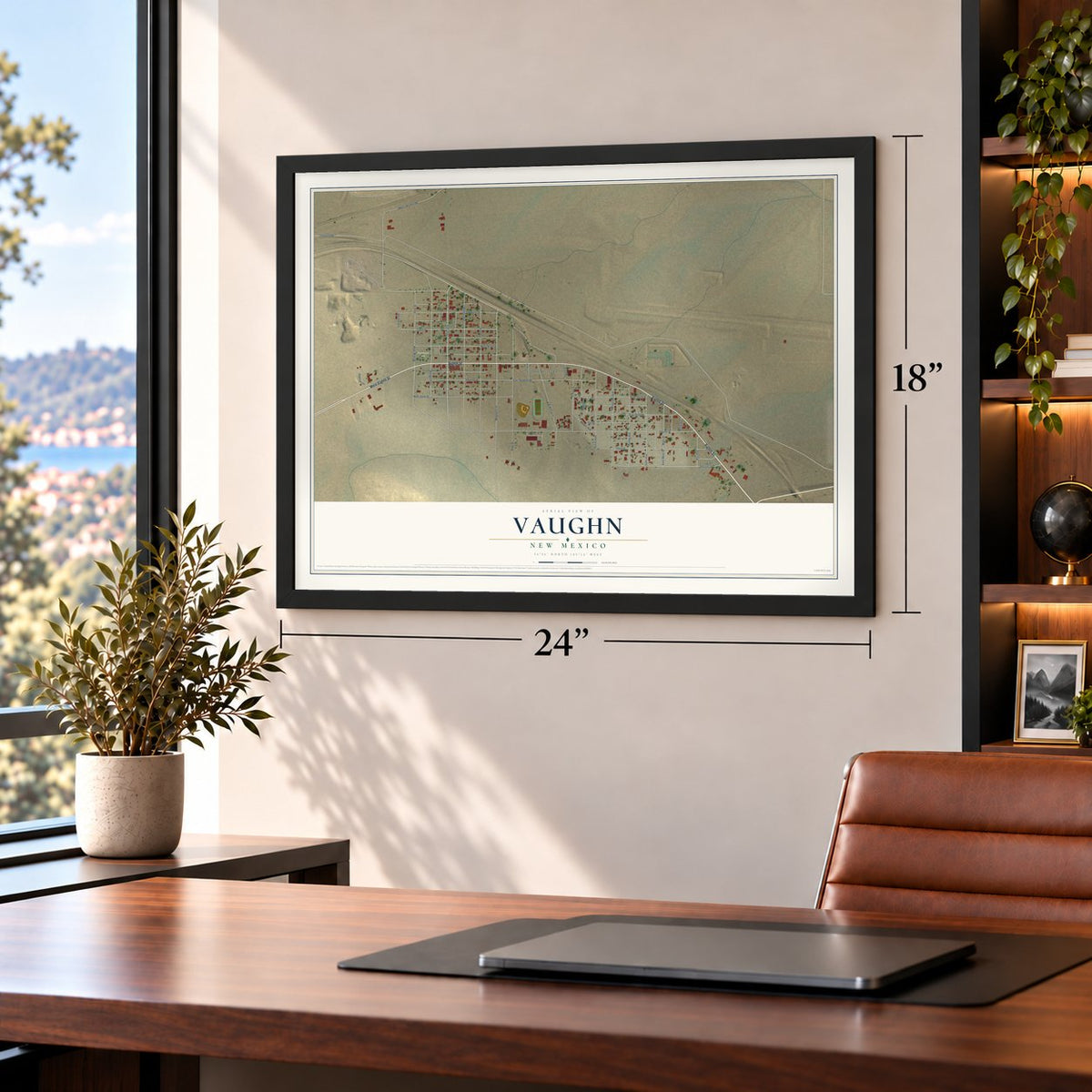 Vaughn, New Mexico map, 18 x 24 inch print in a black frame in a home office