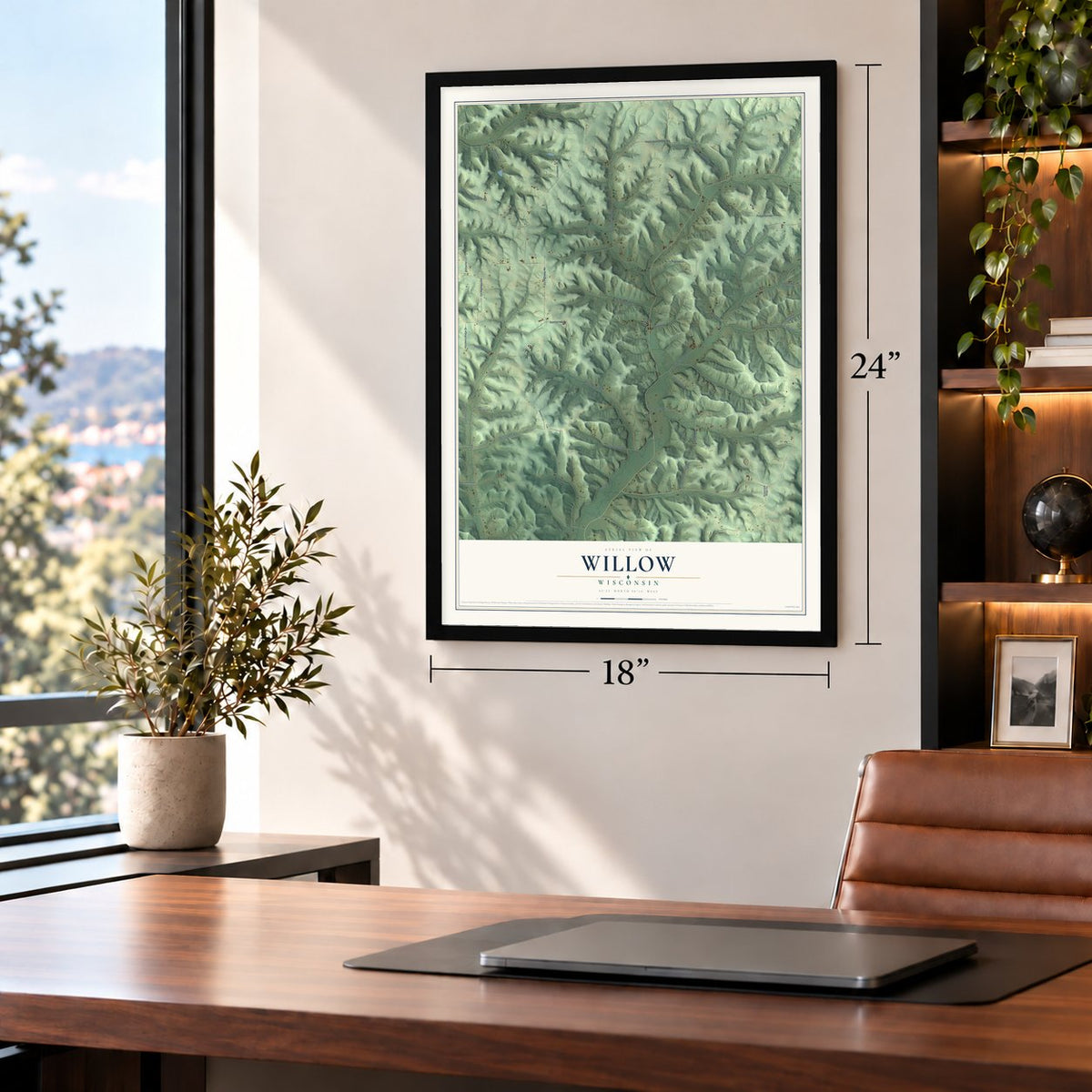Willow, Wisconsin map, 18 x 24 inch print in a black frame in a home office