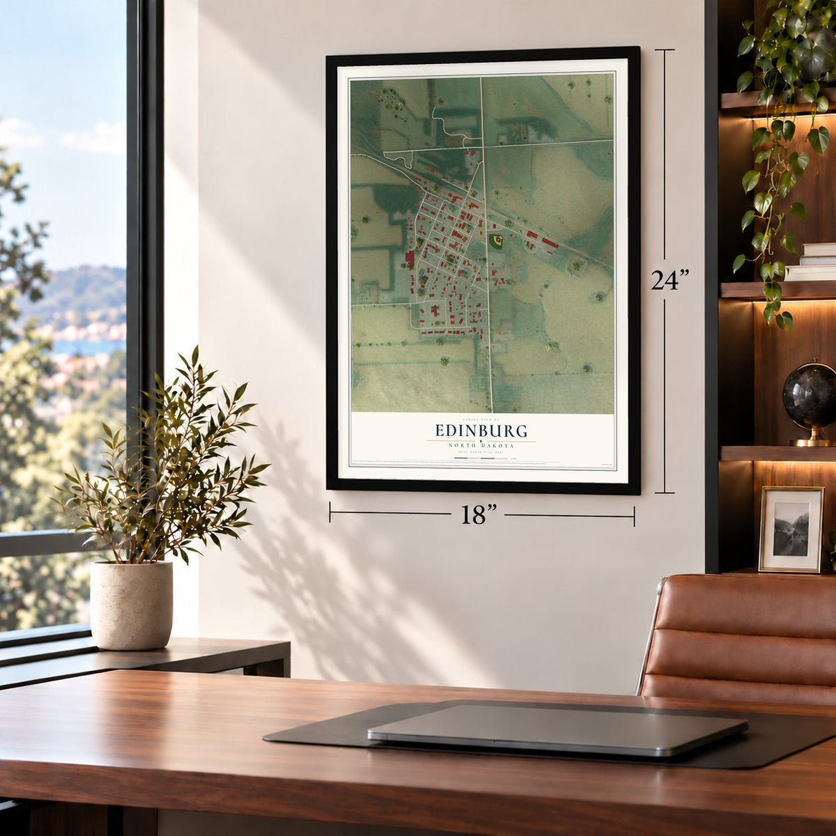Edinburg, North Dakota map, 18 x 24 inch print in a black frame in a home office