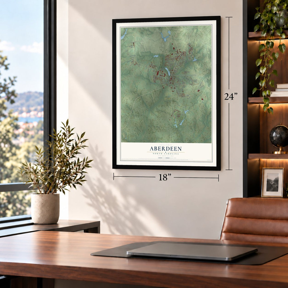 Aberdeen, North Carolina map, 18 x 24 inch print in a black frame in a home office