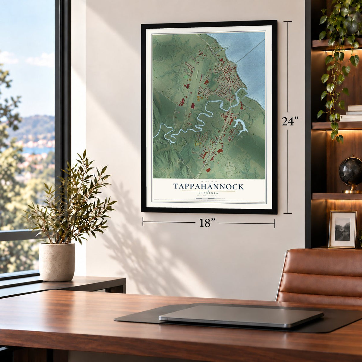 Tappahannock, Virginia map, 18 x 24 inch print in a black frame in a home office