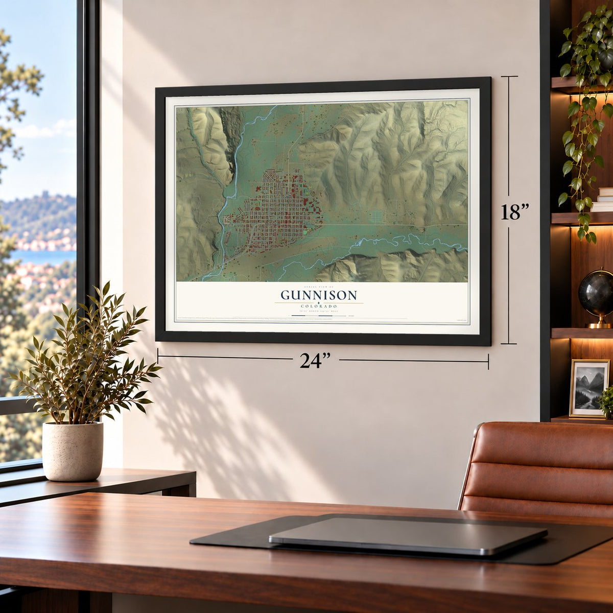 Gunnison, Colorado map, 18 x 24 inch print in a black frame in a home office