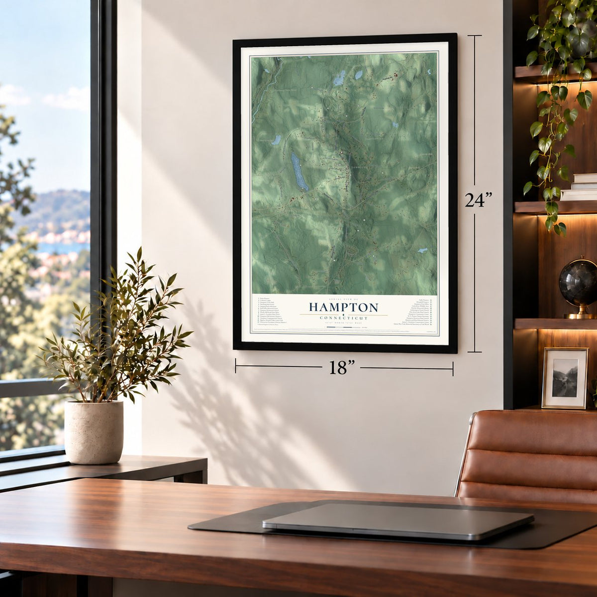 Hampton, Connecticut map, 18 x 24 inch print in a black frame in a home office
