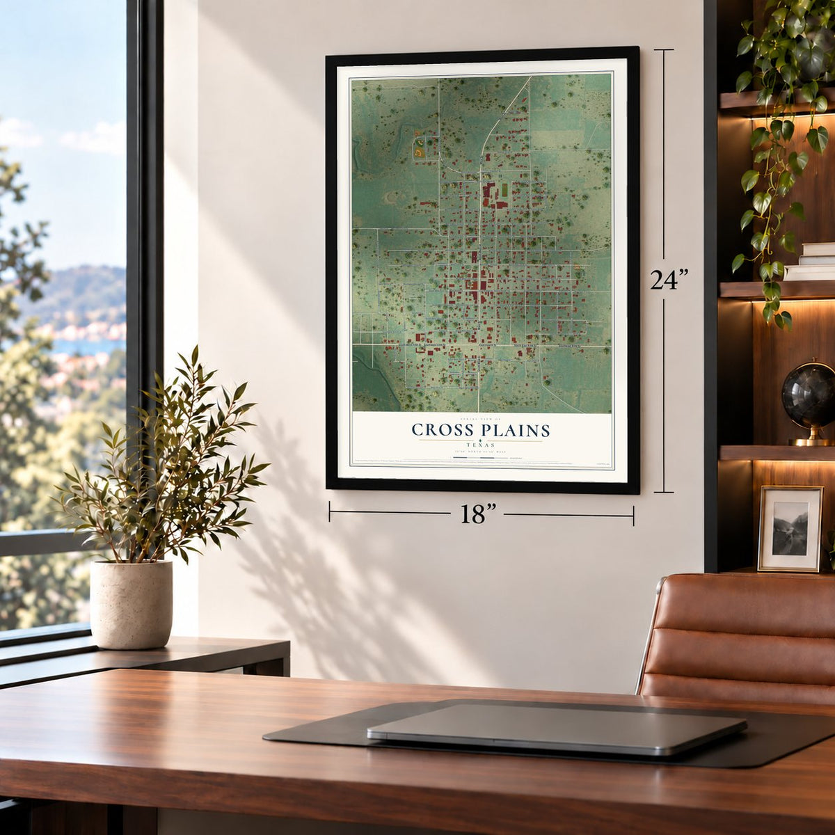 Cross Plains, Texas map, 18 x 24 inch print in a black frame in a home office