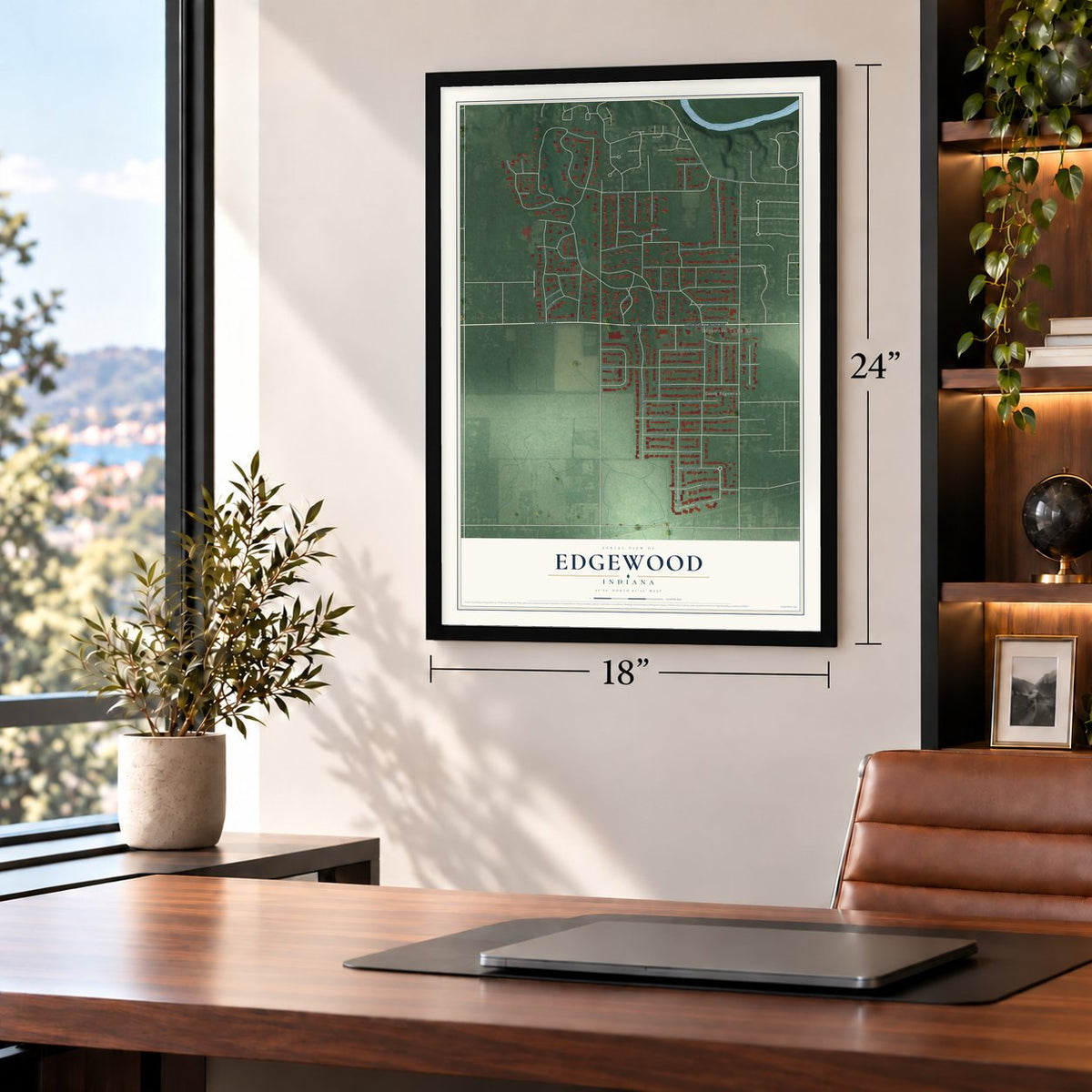 Edgewood, Indiana map, 18 x 24 inch print in a black frame in a home office