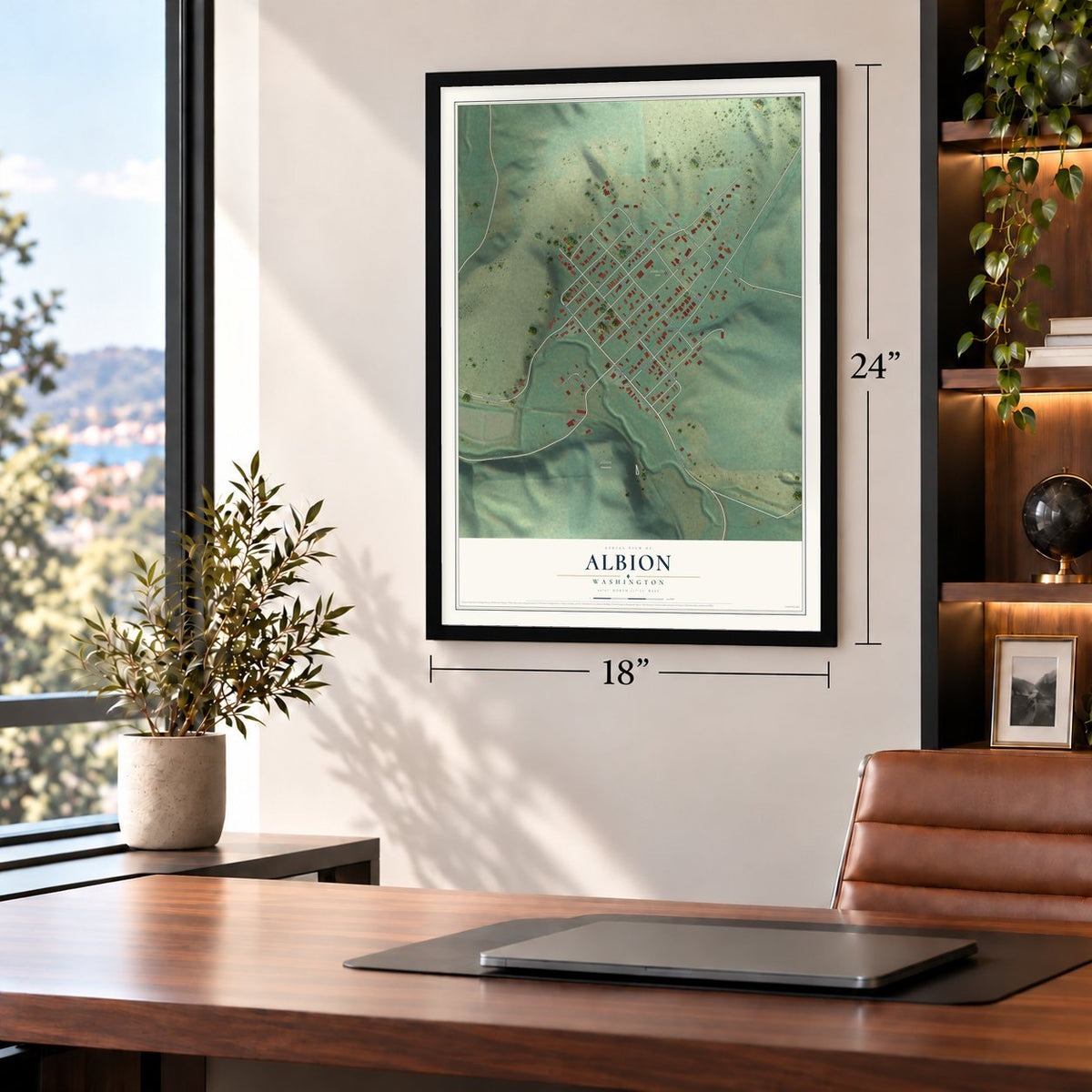 Albion, Washington map, 18 x 24 inch print in a black frame in a home office