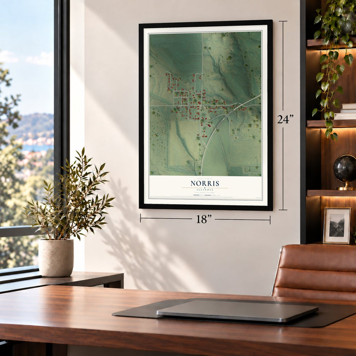 Norris, Illinois map, 18 x 24 inch print in a black frame in a home office