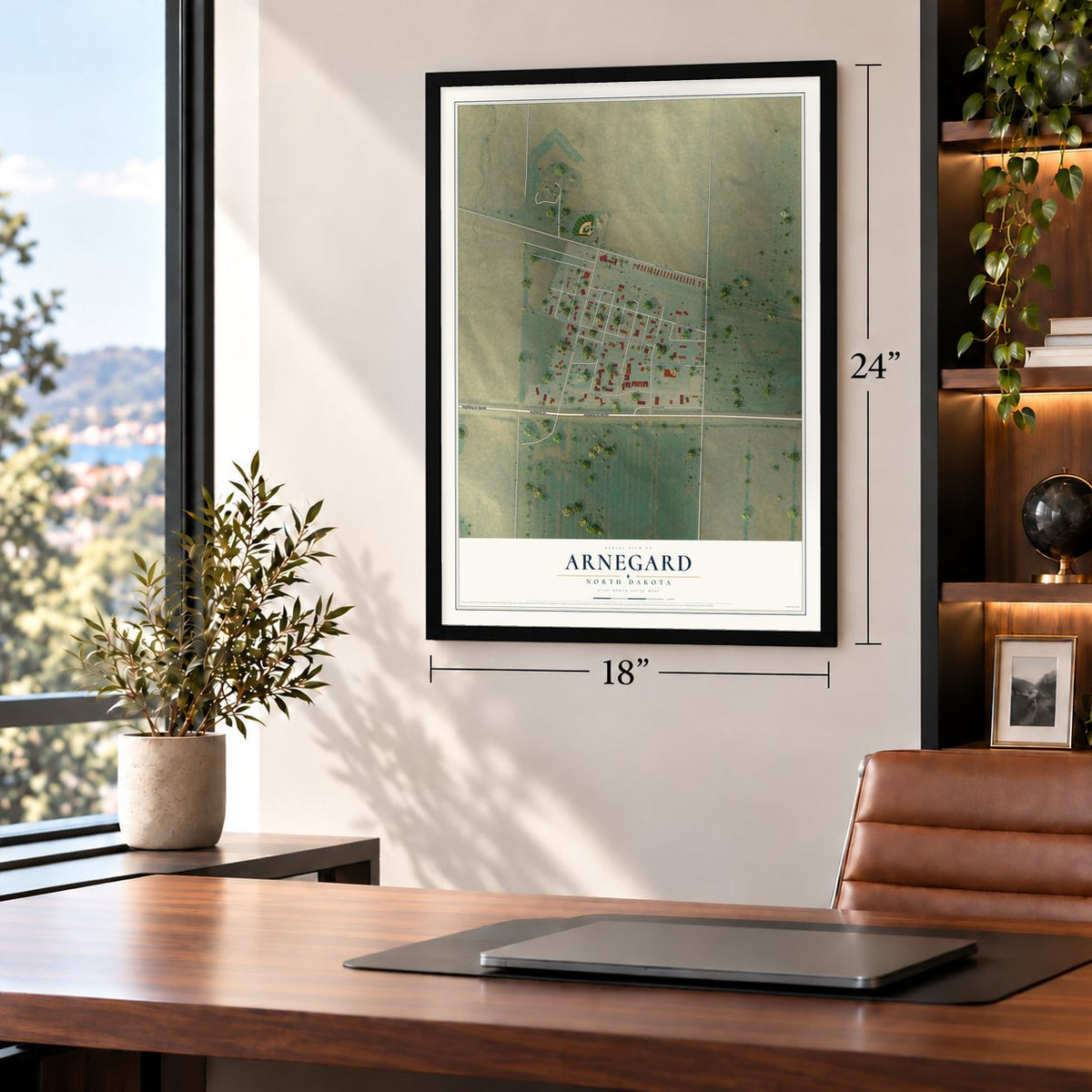 Arnegard, North Dakota map, 18 x 24 inch print in a black frame in a home office