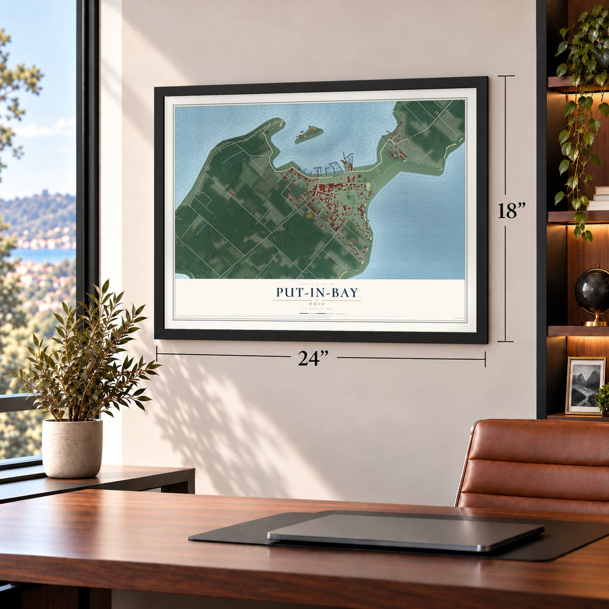 Put-in-Bay, Ohio map, 18 x 24 inch print in a black frame in a home office