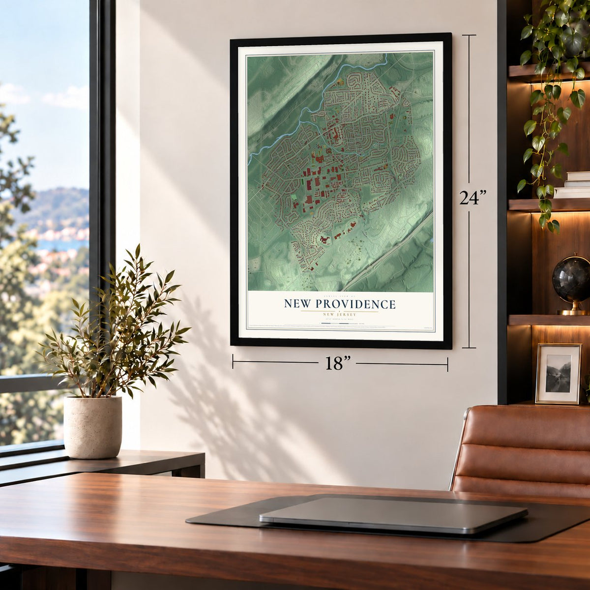 New Providence, New Jersey map, 18 x 24 inch print in a black frame in a home office