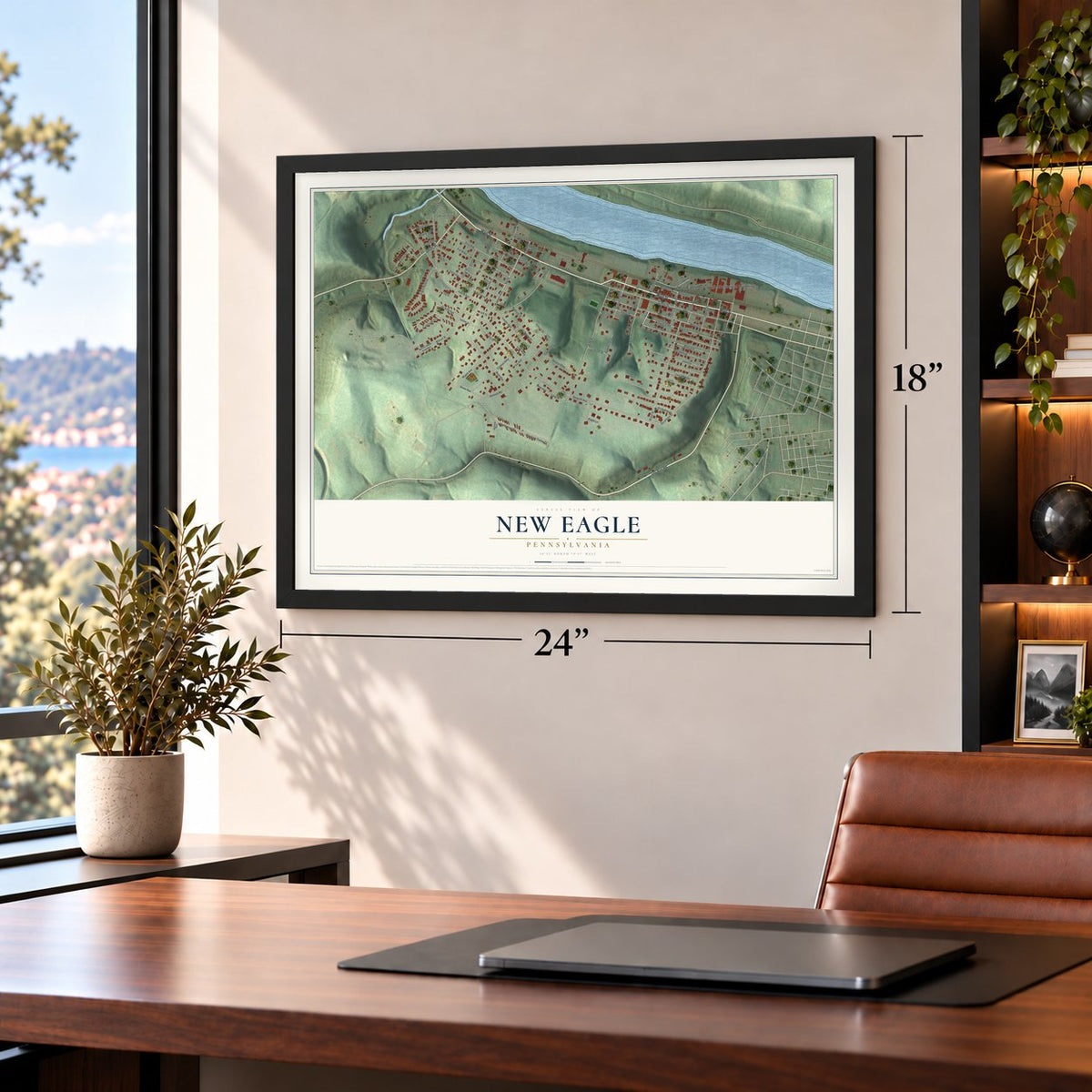 New Eagle, Pennsylvania map, 18 x 24 inch print in a black frame in a home office