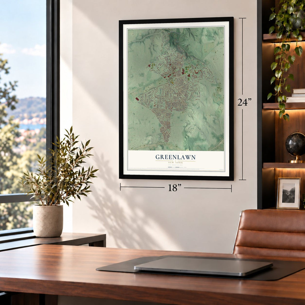 Greenlawn, New York map, 18 x 24 inch print in a black frame in a home office