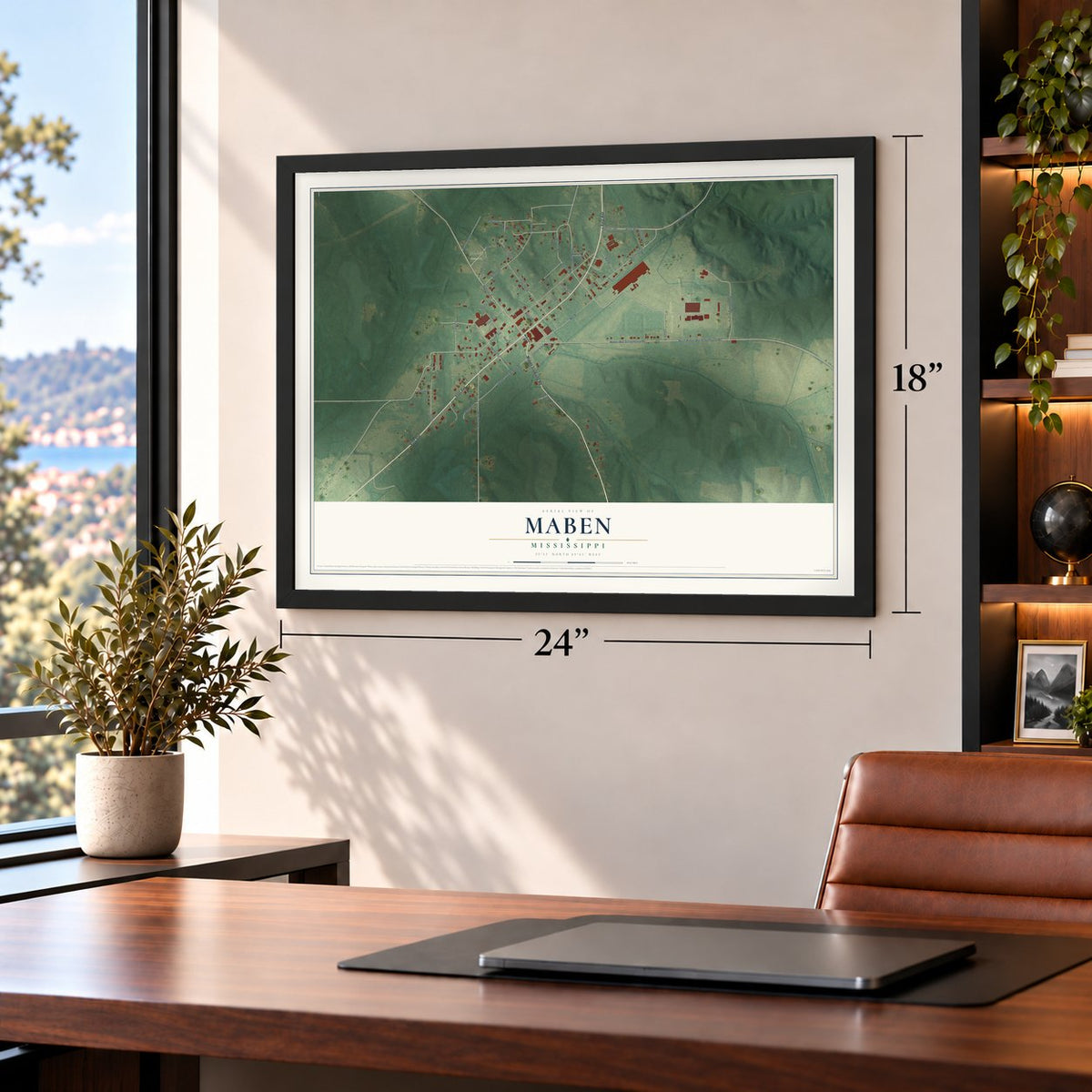Maben, Mississippi map, 18 x 24 inch print in a black frame in a home office