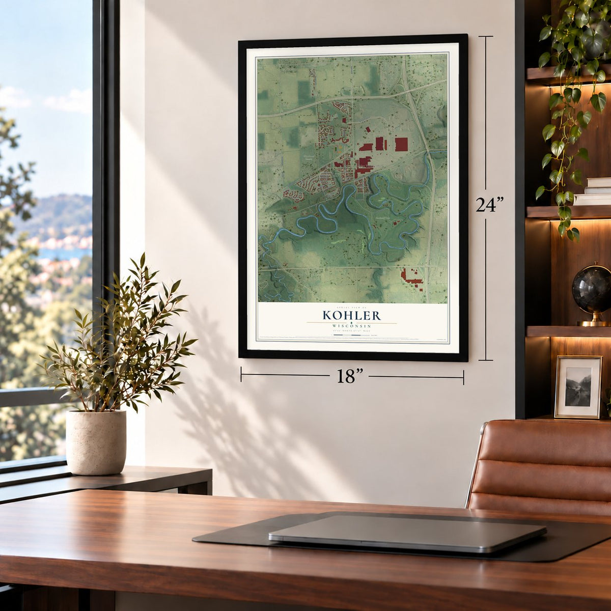 Kohler, Wisconsin map, 18 x 24 inch print in a black frame in a home office