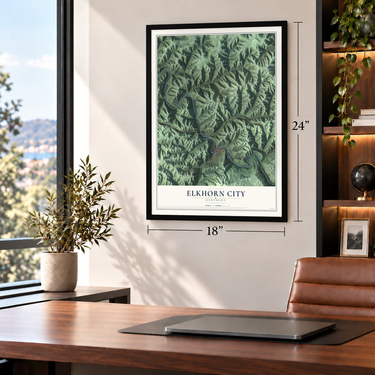 Elkhorn City, Kentucky map, 18 x 24 inch print in a black frame in a home office