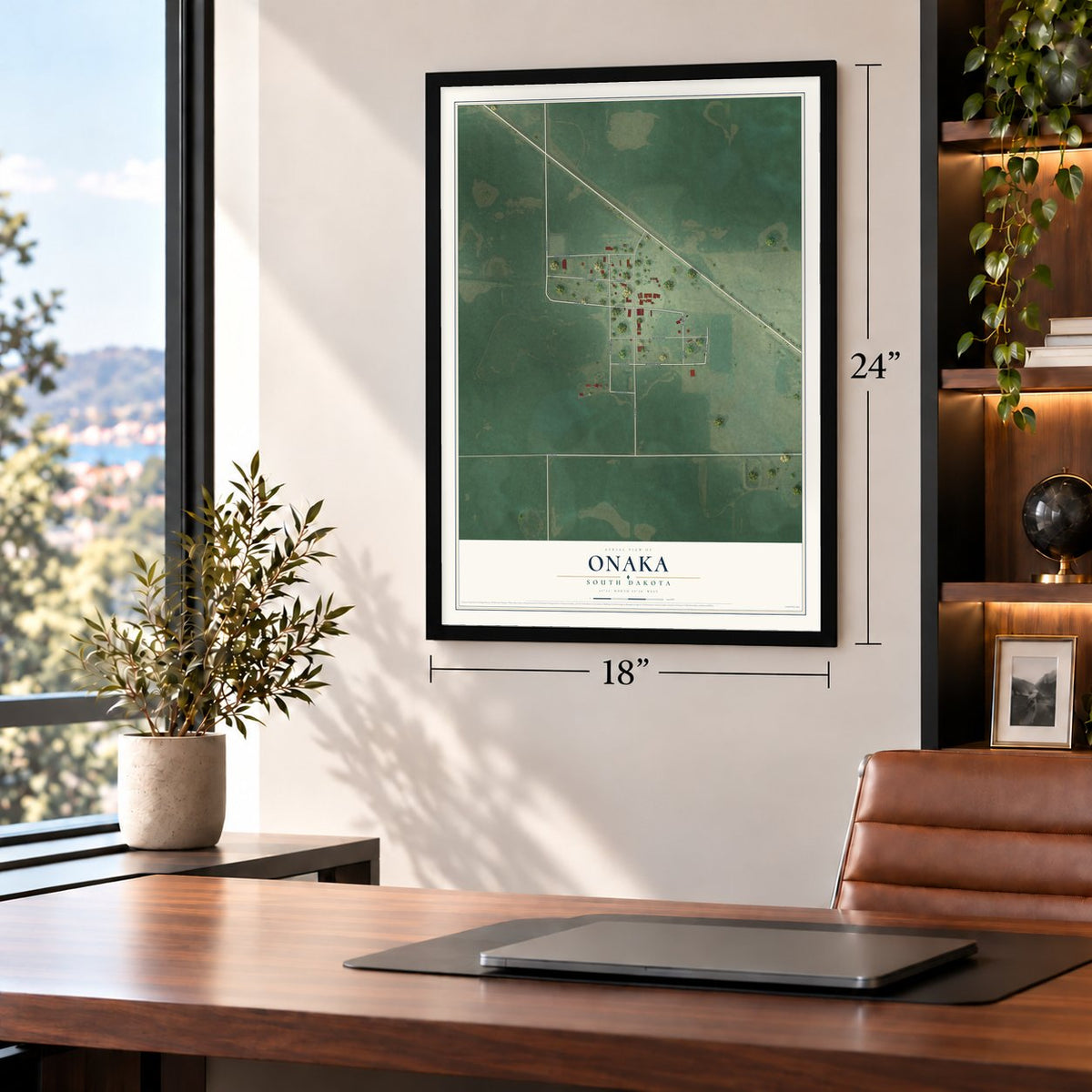 Onaka, South Dakota map, 18 x 24 inch print in a black frame in a home office