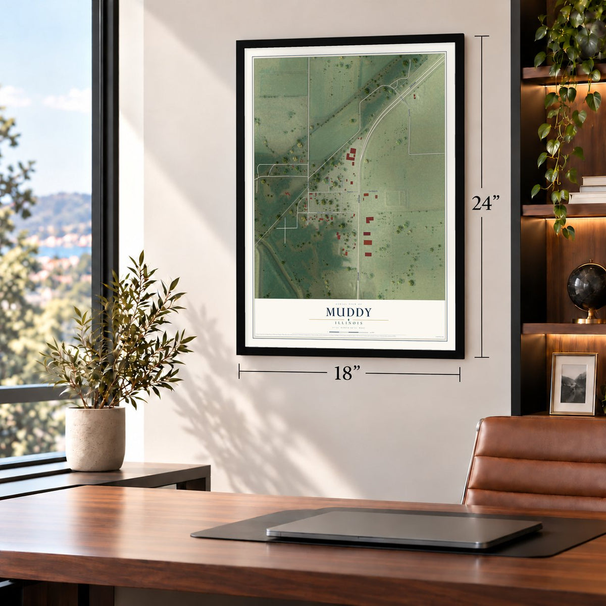 Muddy, Illinois map, 18 x 24 inch print in a black frame in a home office