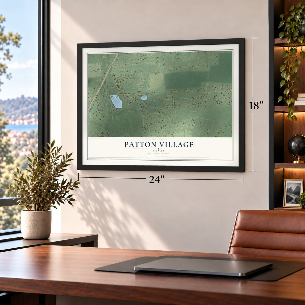 Patton Village, Texas map, 18 x 24 inch print in a black frame in a home office