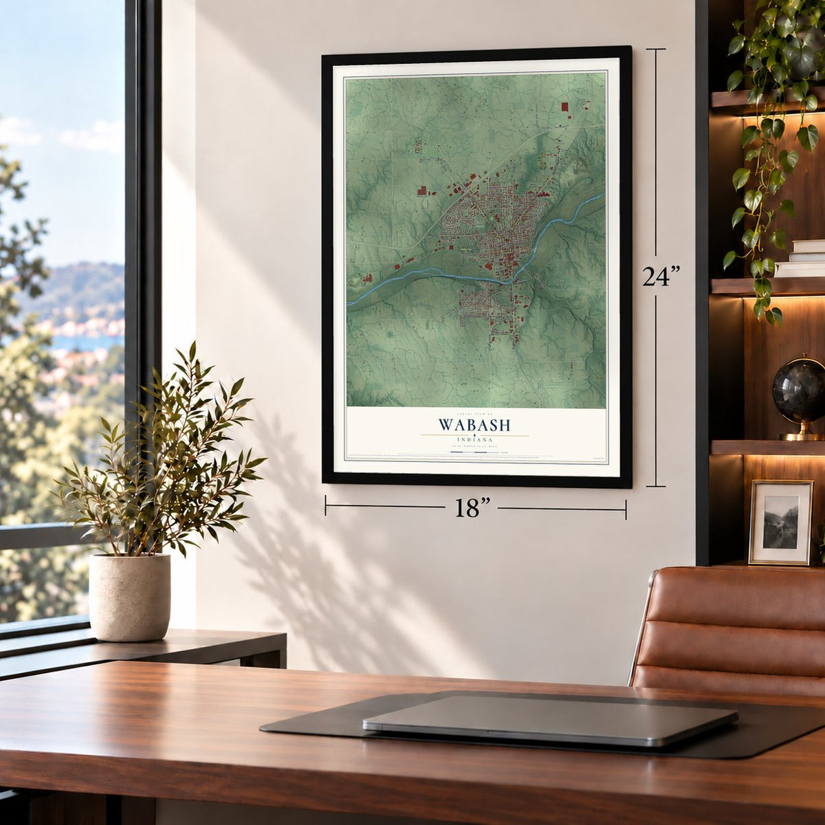 Wabash, Indiana map, 18 x 24 inch print in a black frame in a home office