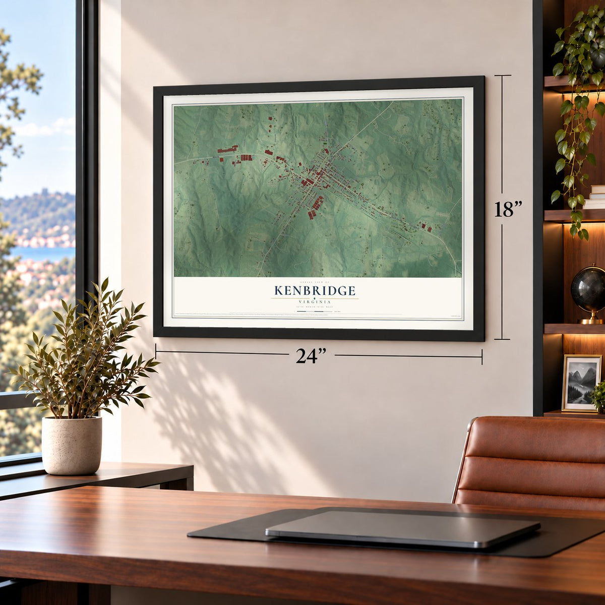 Kenbridge, Virginia map, 18 x 24 inch print in a black frame in a home office