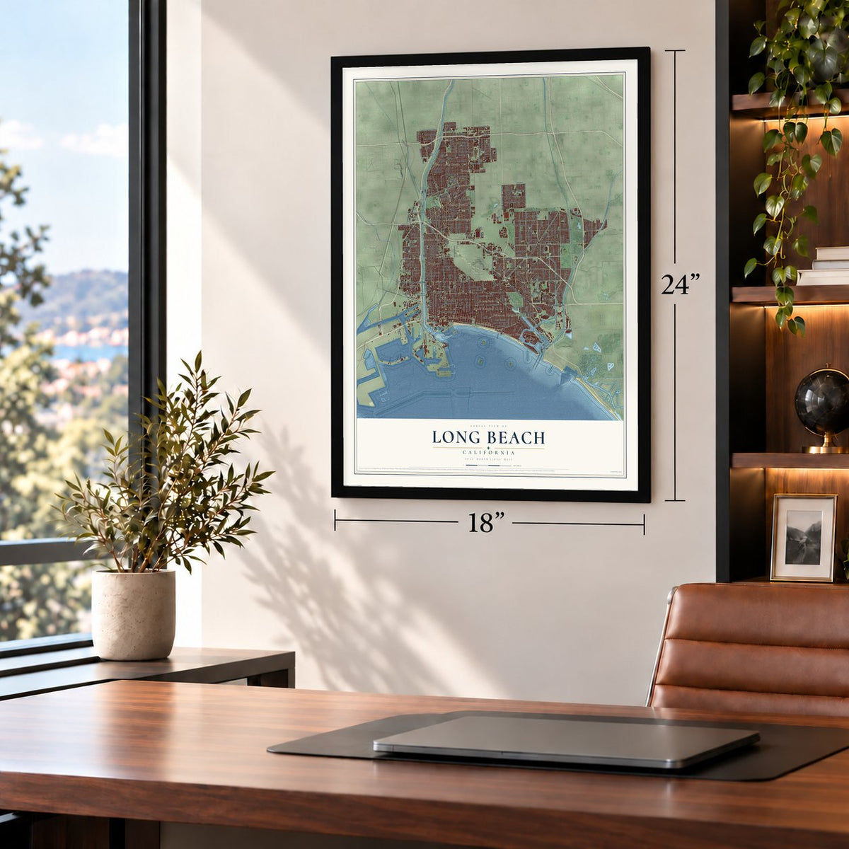 Long Beach, California map, 18 x 24 inch print in a black frame in a home office