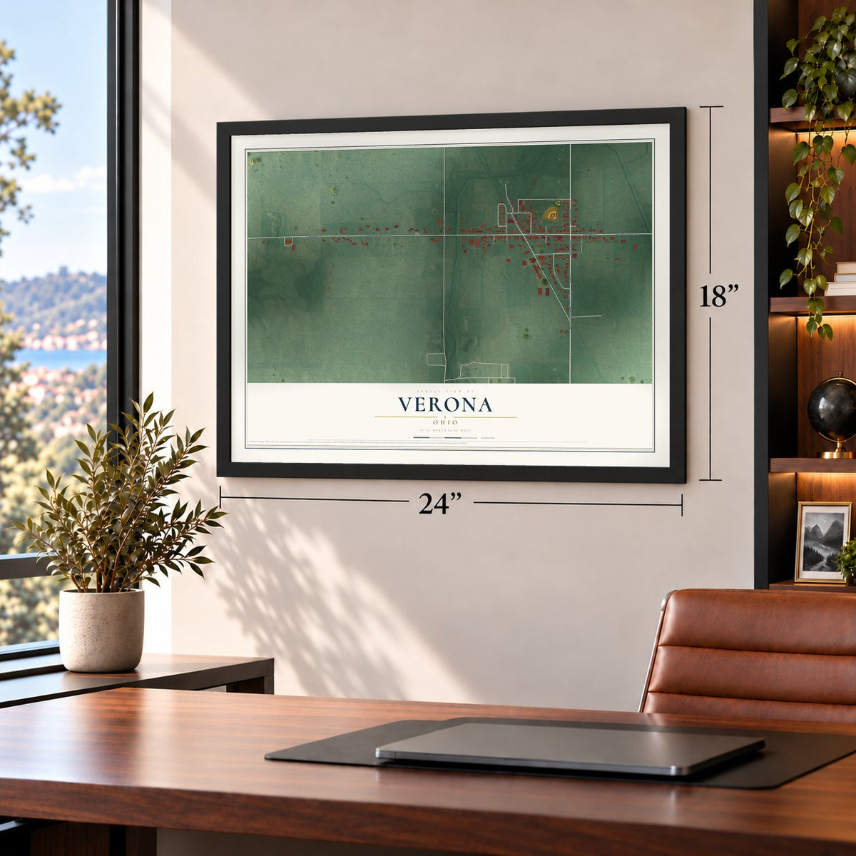Verona, Ohio map, 18 x 24 inch print in a black frame in a home office