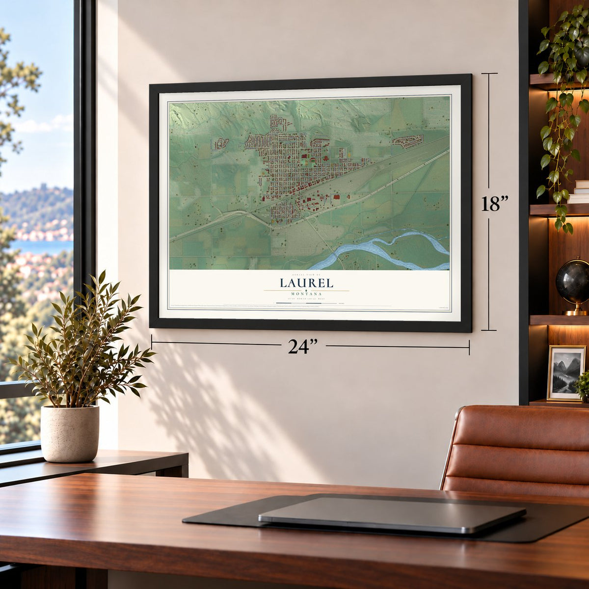 Laurel, Montana map, 18 x 24 inch print in a black frame in a home office