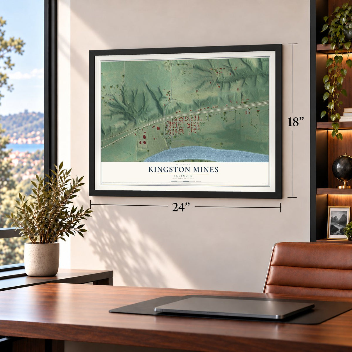 Kingston Mines, Illinois map, 18 x 24 inch print in a black frame in a home office