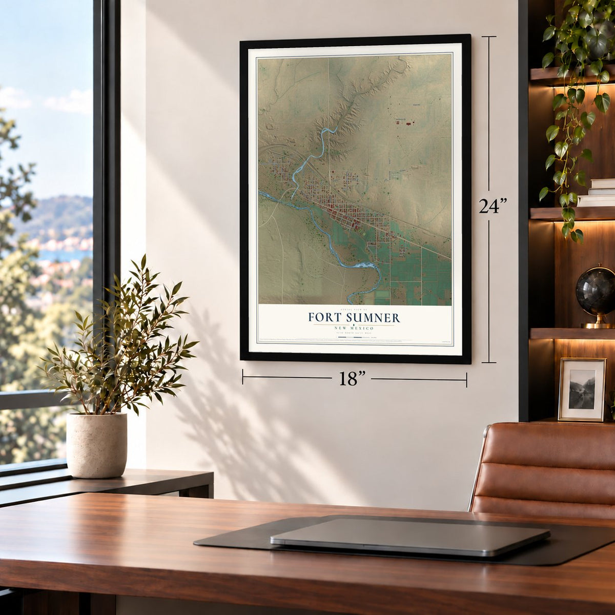 Fort Sumner, New Mexico map, 18 x 24 inch print in a black frame in a home office