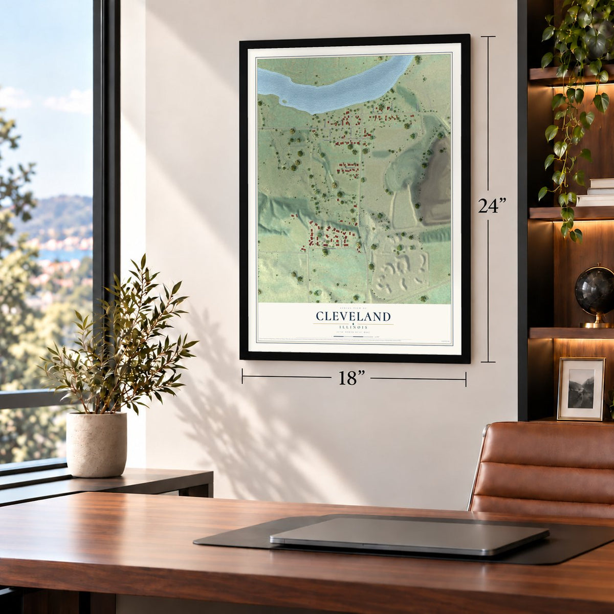 Cleveland, Illinois map, 18 x 24 inch print in a black frame in a home office